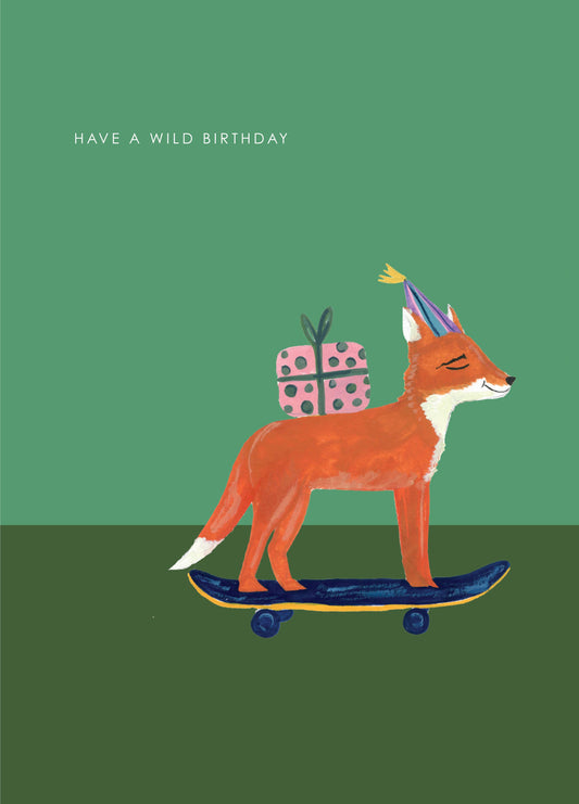 Fox on Skateboard birthday card with recycled kraft envelope and biodegradable cello wrap.