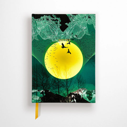 Sophie Darling New Moon A5 notebook with fabric cover and gold foil detail, handmade in Brighton, 144 lined pages on sustainably certified paper, yellow ribbon bookmark, size 215mm x 152mm.