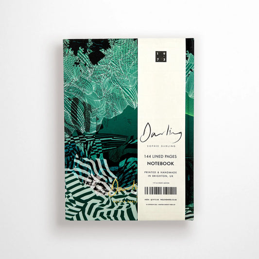 Sophie Darling New Moon A5 notebook with fabric cover and gold foil detail, handmade in Brighton, 144 lined pages on sustainably certified paper, yellow ribbon bookmark, size 215mm x 152mm.