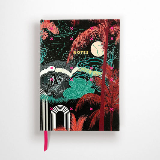 Rumi Notebook featuring bespoke textile screen printing by Sophie Darling, with vivid patterns and organic illustrations on a fabric cover.