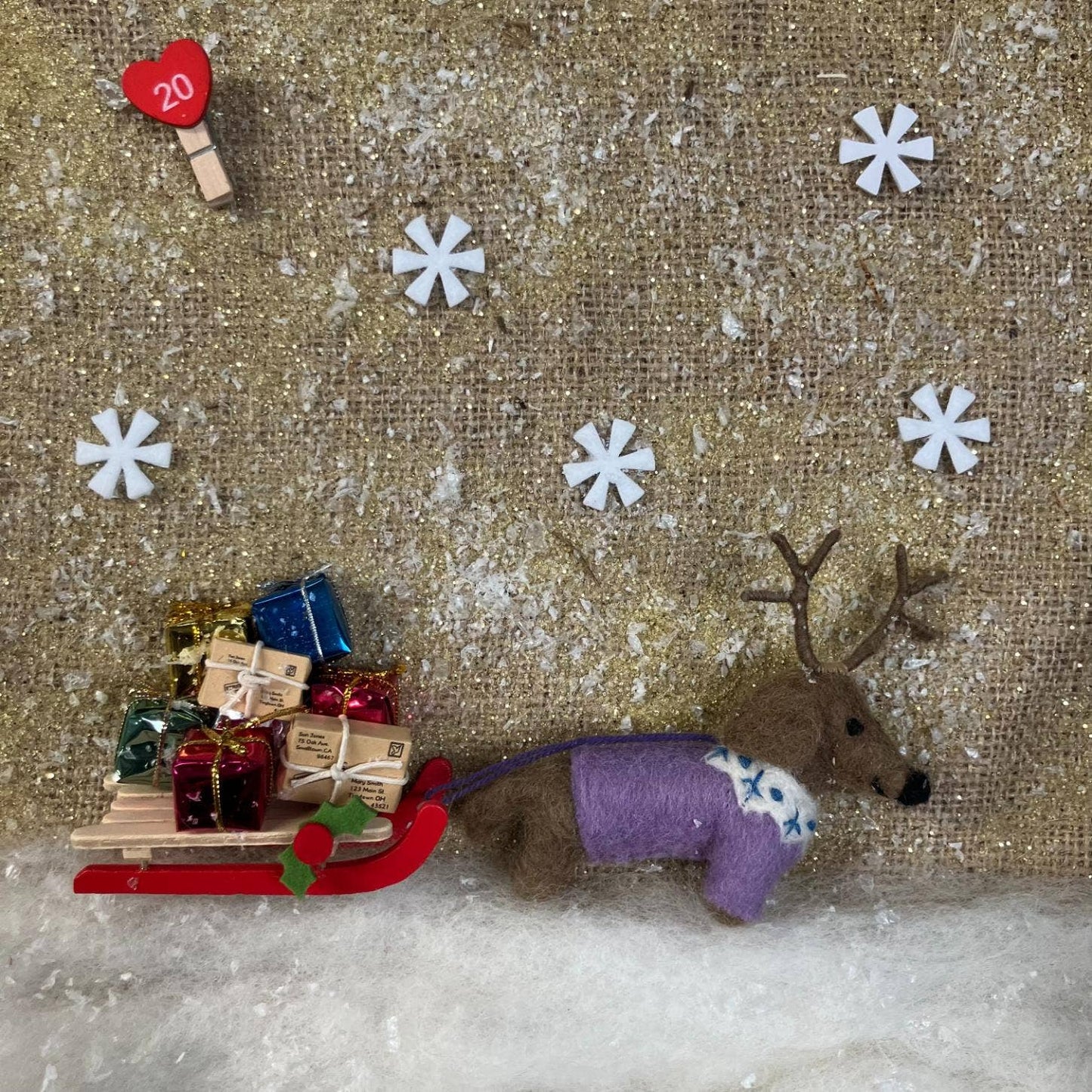 Side view of Rudy felt Dachshund dog ornament