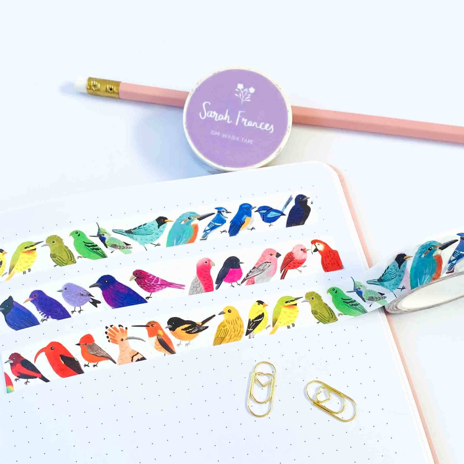 Sarah Frances Bird Rainbow Washi Tape, hand-illustrated birds, 15mm x 10m roll, eco-friendly craft and stationery tape.