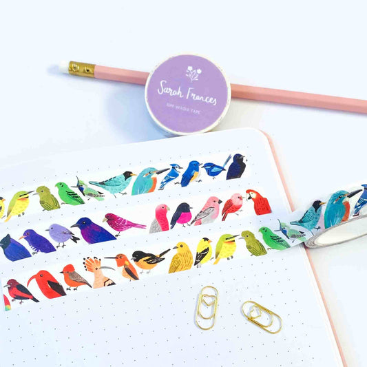 Sarah Frances Bird Rainbow Washi Tape, hand-illustrated birds, 15mm x 10m roll, eco-friendly craft and stationery tape.