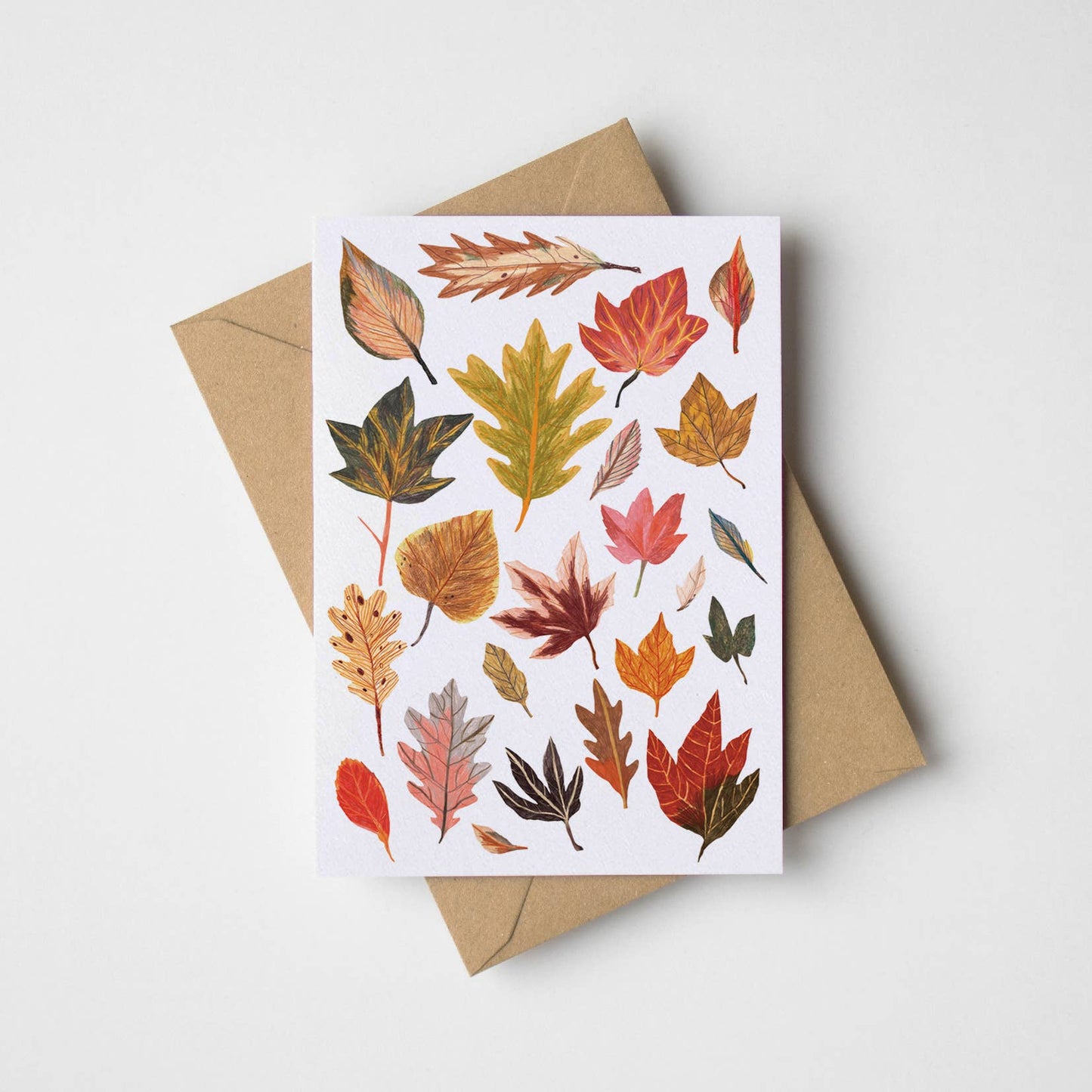 James Barker Autumn Leaves Greeting Card, vibrant botanical illustration on superfine card with kraft envelope.
