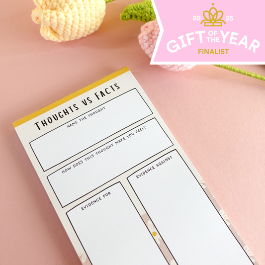 Challenge negative thoughts! Guided notepad with sections for thoughts & evidence. 50 sheets, DL size, smooth 120gsm paper. Mindful, uplifting stationery.
