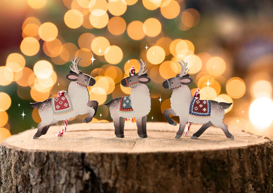 Set of Handmade Flying Reindeer Christmas Decorations, showcasing sustainably sourced maple wood