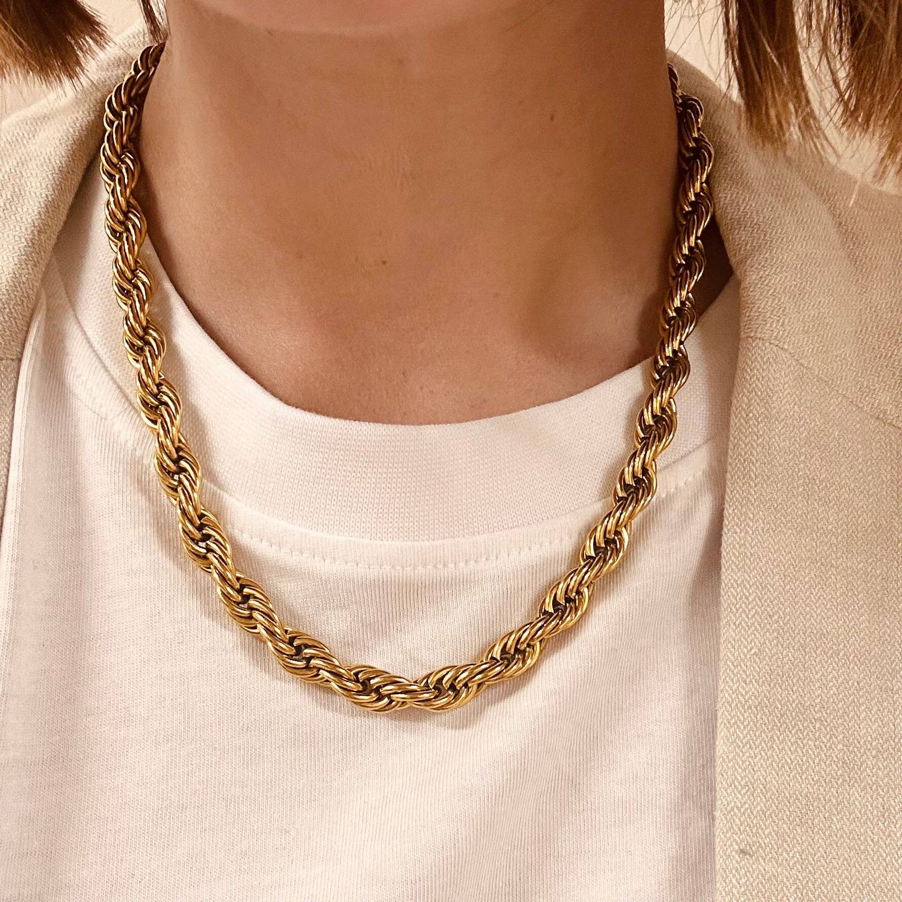 Bold rope chain necklace in gold-plated stainless steel, 40cm + extender