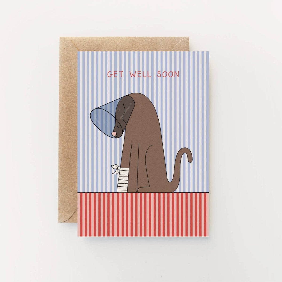 Get Well Soon Greetings Card featuring an illustrated dog with a cone