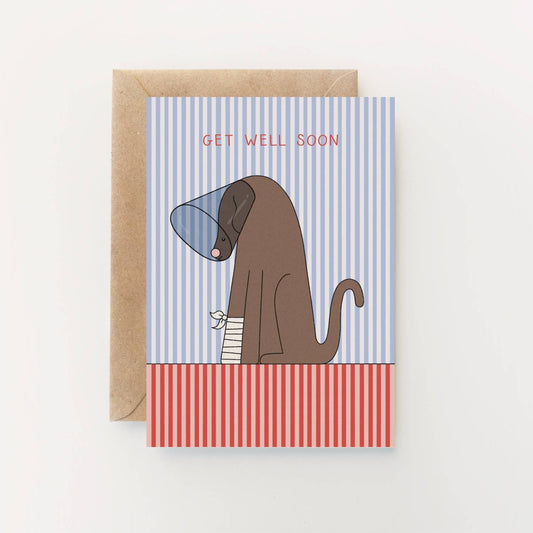 Get Well Soon Greetings Card featuring an illustrated dog with a cone