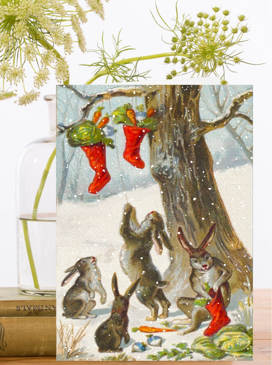 Madame Treacle Christmas Card with vintage rabbits and red boots illustration, sustainably sourced 320gsm card, biodegradable sleeve and ivory envelope, eco-friendly UK made