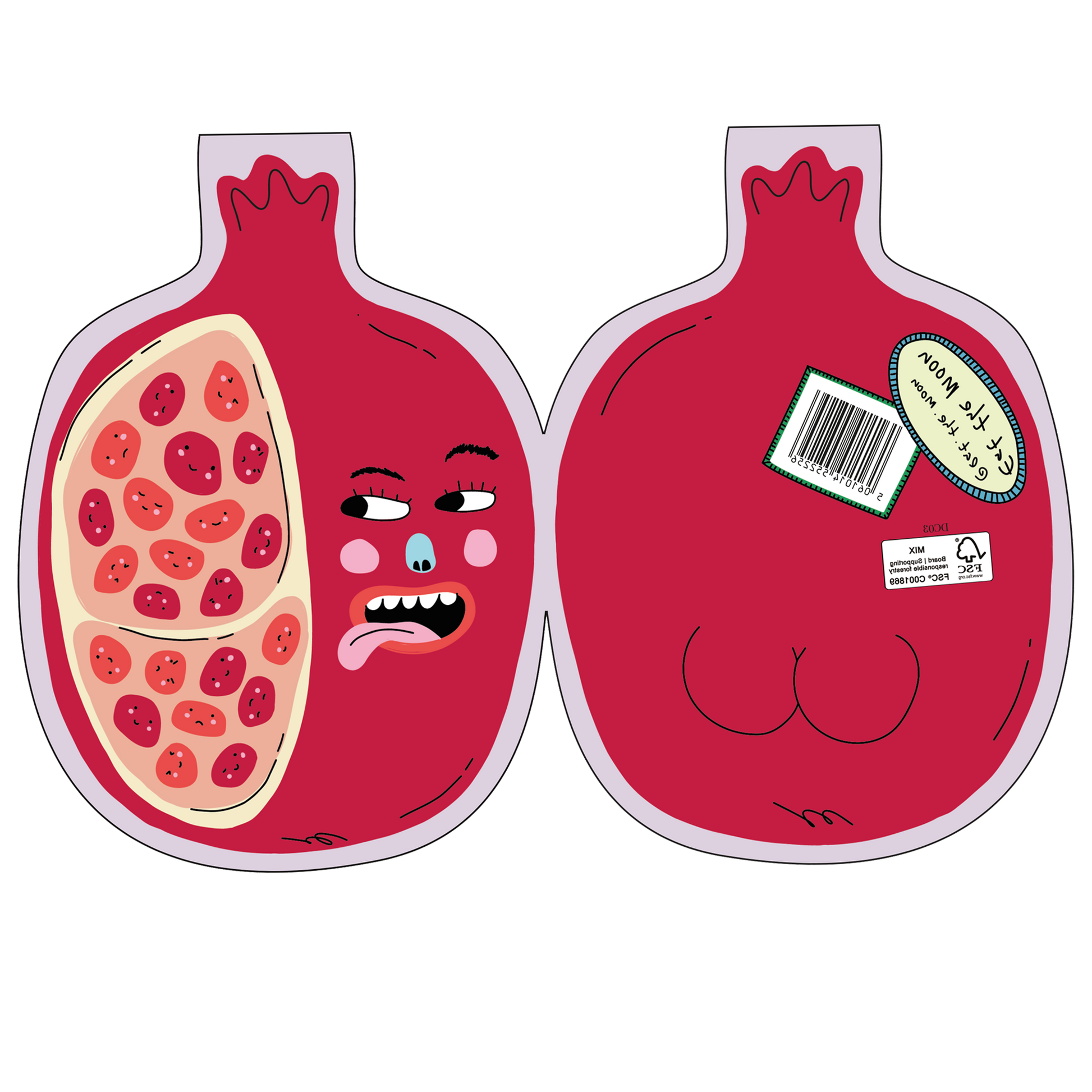 Pomegranate die-cut greeting card, playful design, eco-friendly stationery, UK printed.