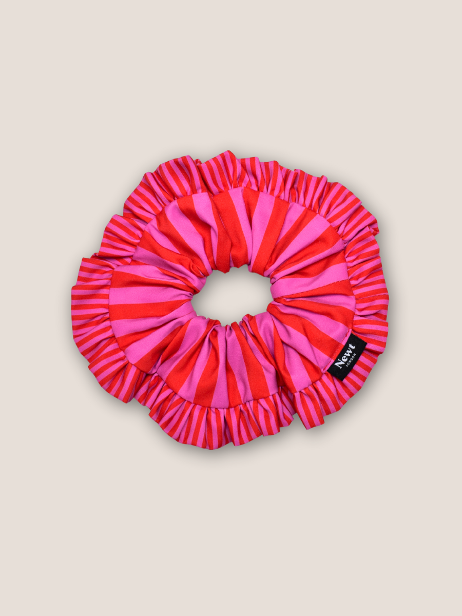 Pink and red striped oversized scrunchie with ruffle trim