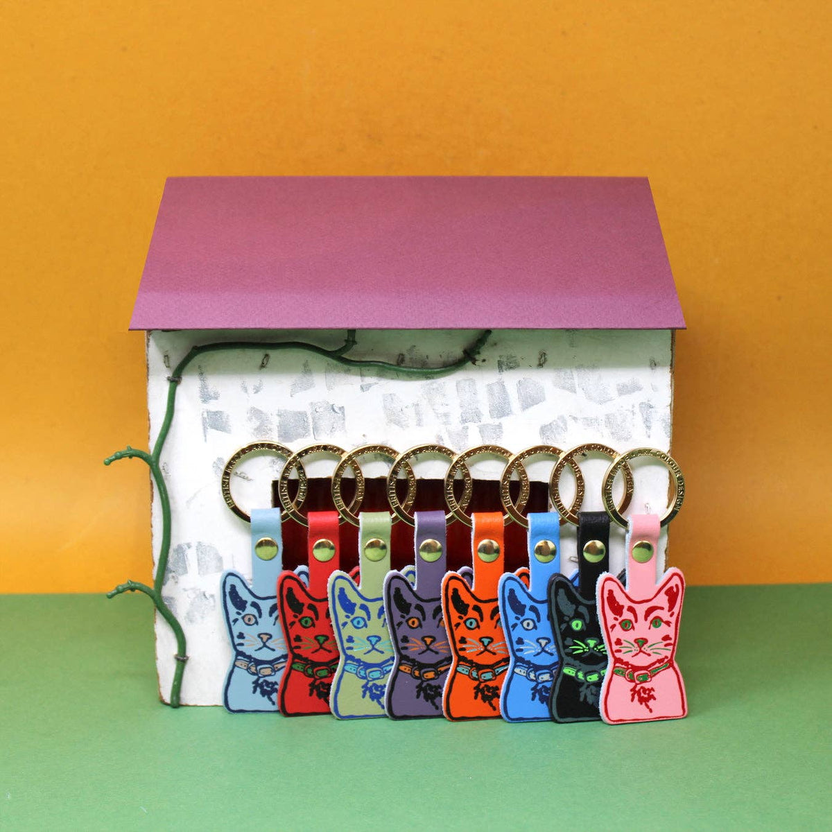 Handcrafted tabby cat leather key fob made in the UK