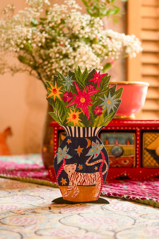 Magical Pop-Up Tiger Vase Greetings Card, standing upright