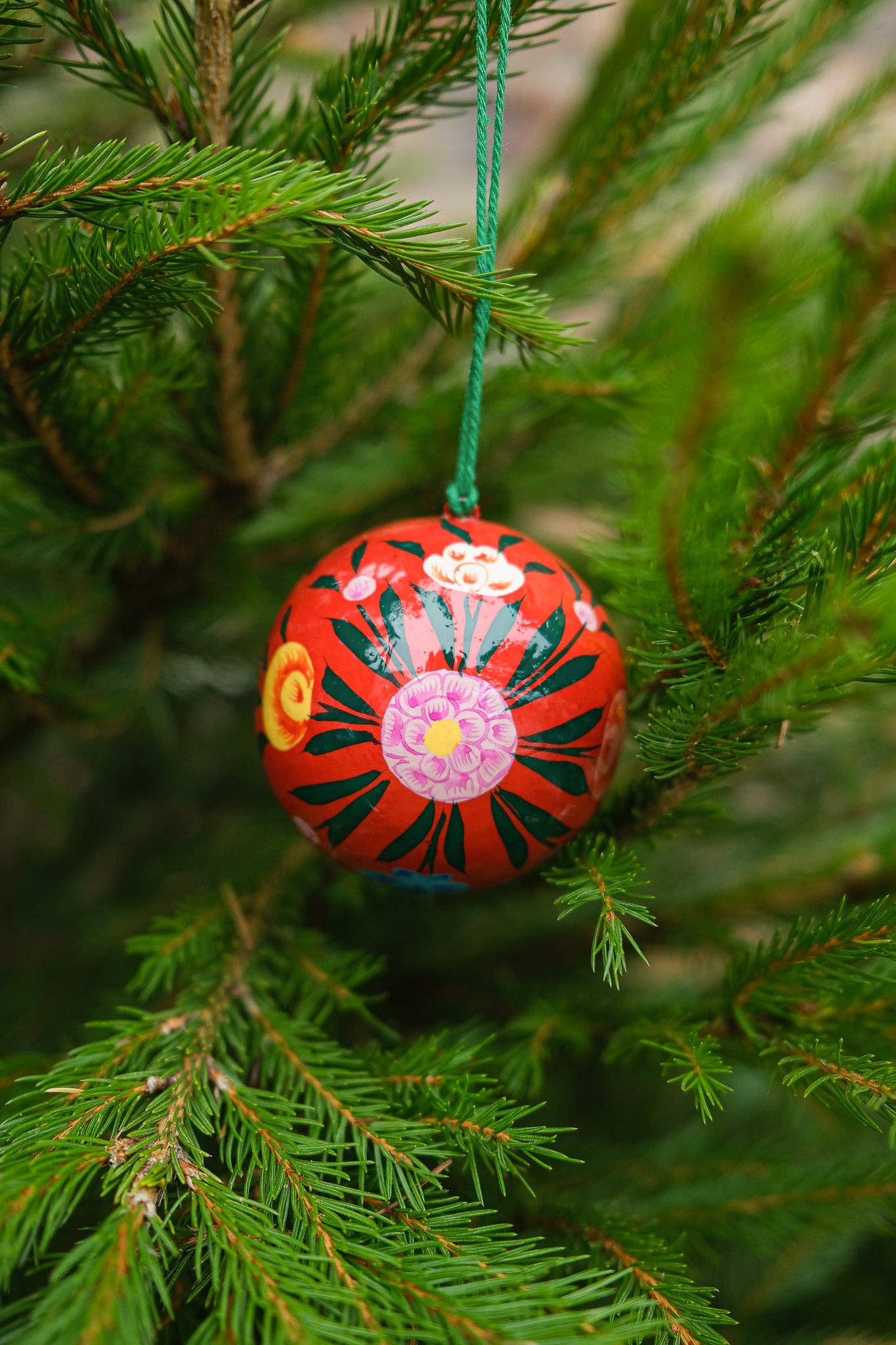 Hand-painted Red Bouquet Bauble by East End Press made from recycled papier mâché with velvet hanging loop