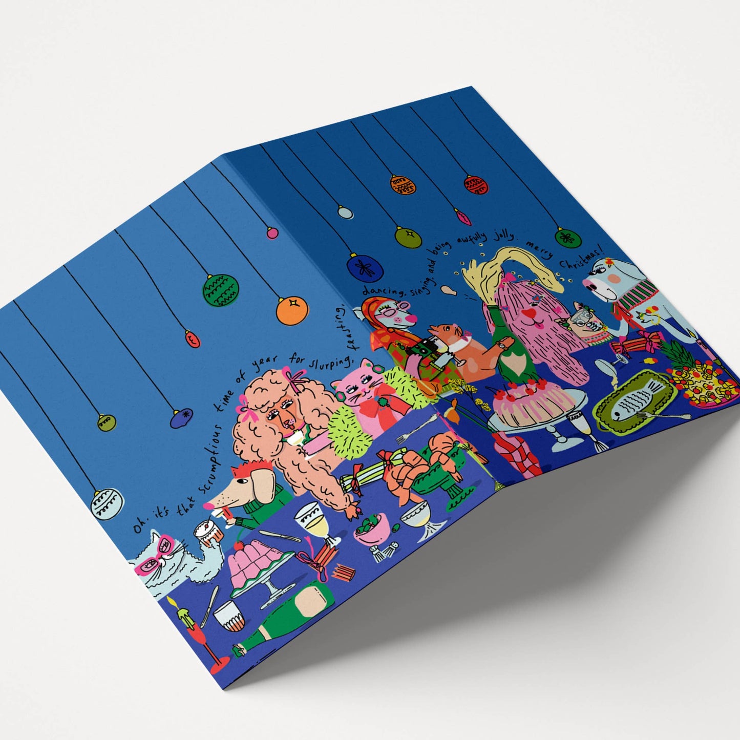 Awfully Jolly Christmas card with festive feast and animal friends illustration, full wraparound print.