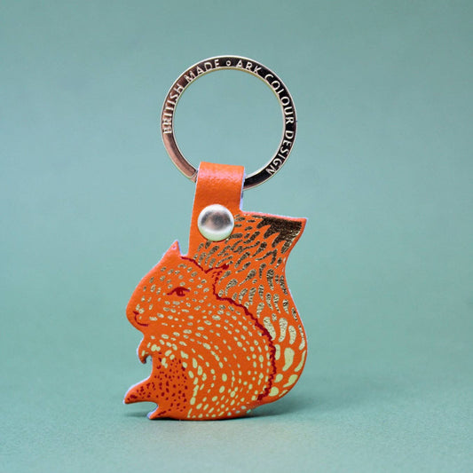 Close-up of hot foil embossed leather squirrel keyring