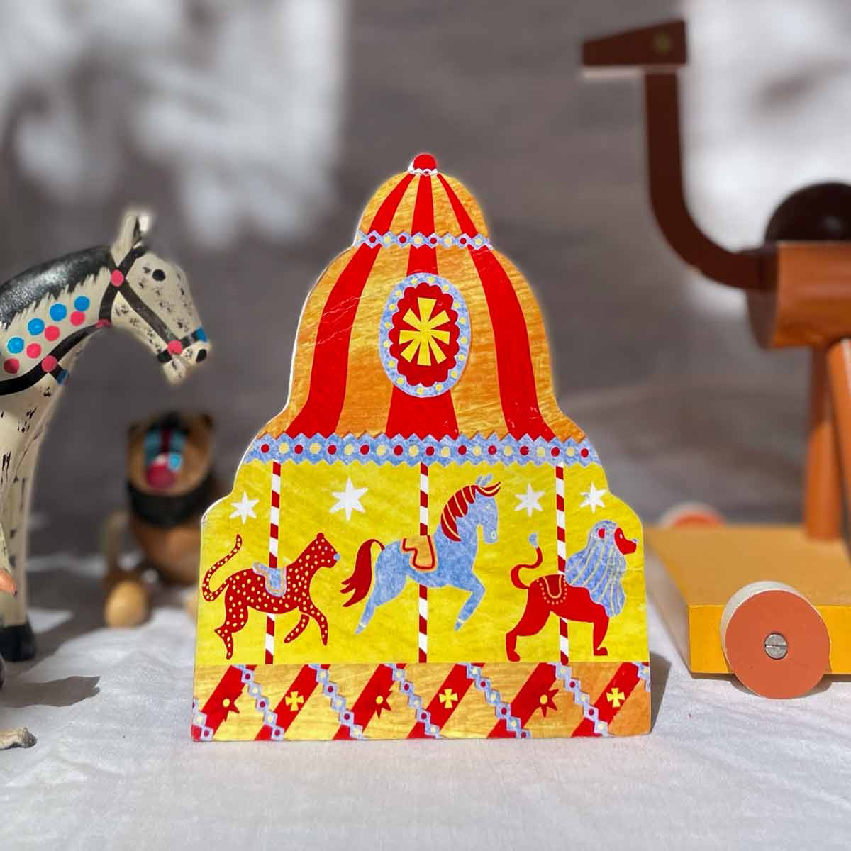 Mortlake Papers Carousel Shaped Greeting Card, vintage fairground design, sustainably sourced paper