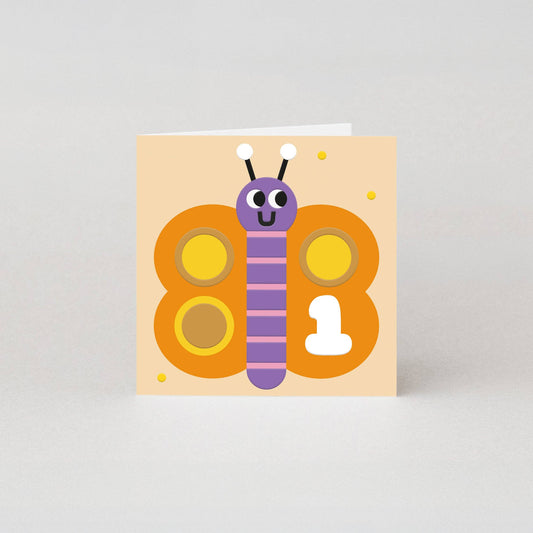 Embossed butterfly 1st birthday card with matte finish, nature-inspired design, vegan and plastic-free materials, UK-made for sustainable gifting.