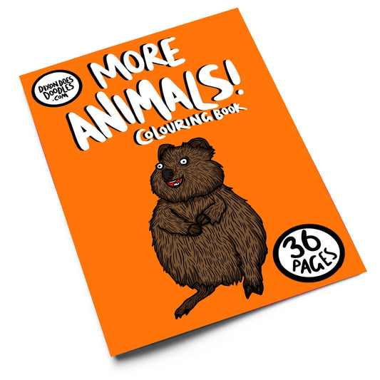 More Animals! Colouring Book by Dixon Does Doodles – A5, 36 pages, 80+ labelled animals, eco-friendly and recyclable.