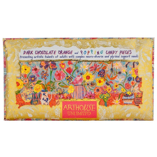 Floral Bright Dark Chocolate Bar with Orange and Popping Candy in artistic gold frame packaging