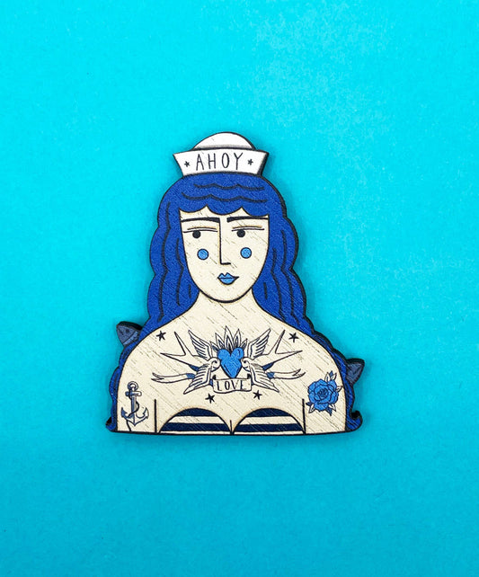 Tattooed Sailor Girl Wooden Pin Brooch featuring traditional nautical tattoos