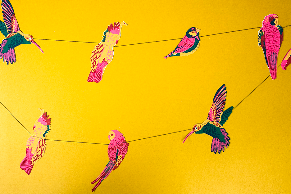 East End Press Tropical Birds Sewn Garland with 10 colourful hand-printed birds on recycled paper, 3 metres long