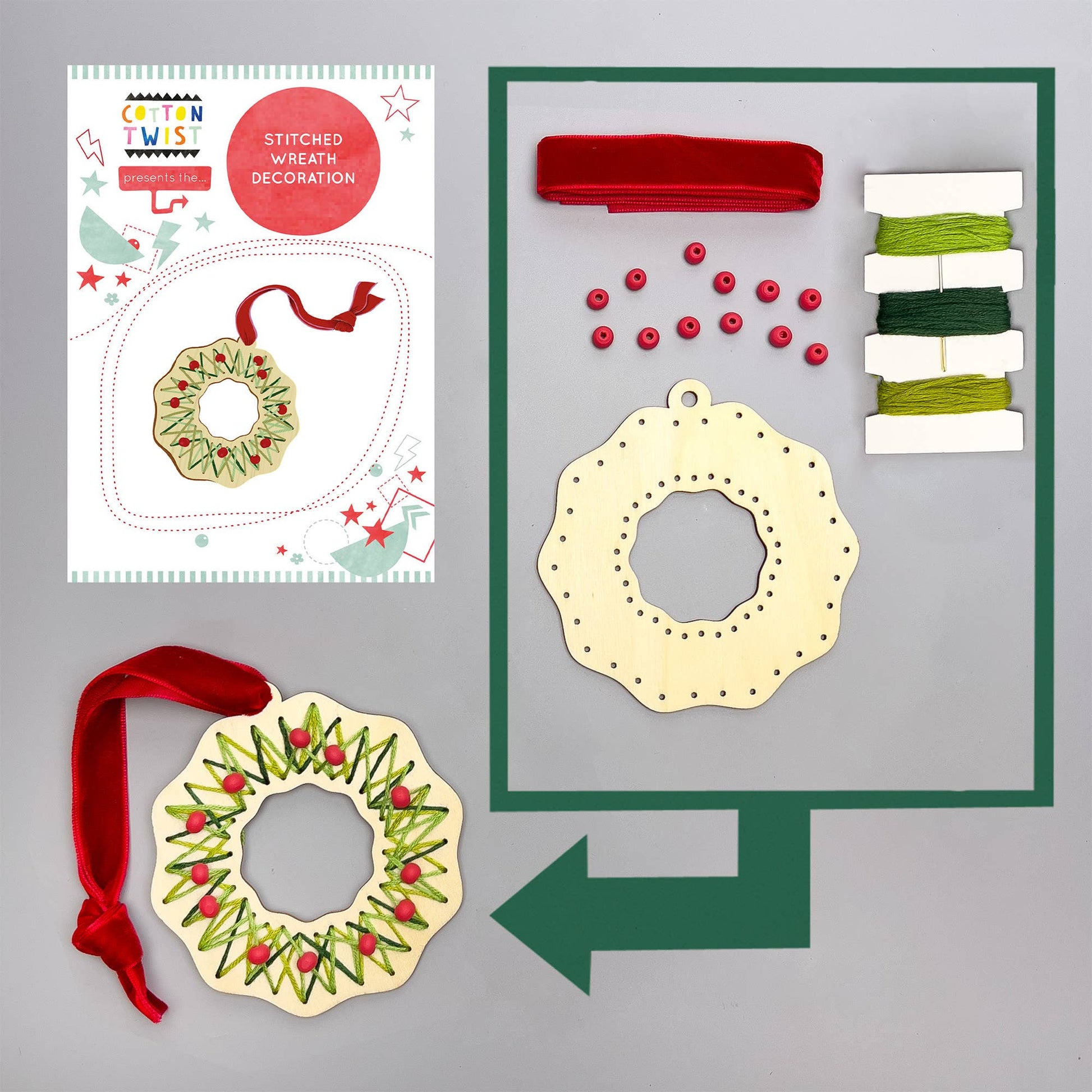Cotton Twist stitched wreath decoration kit with sustainably certified wooden wreath and cotton thread