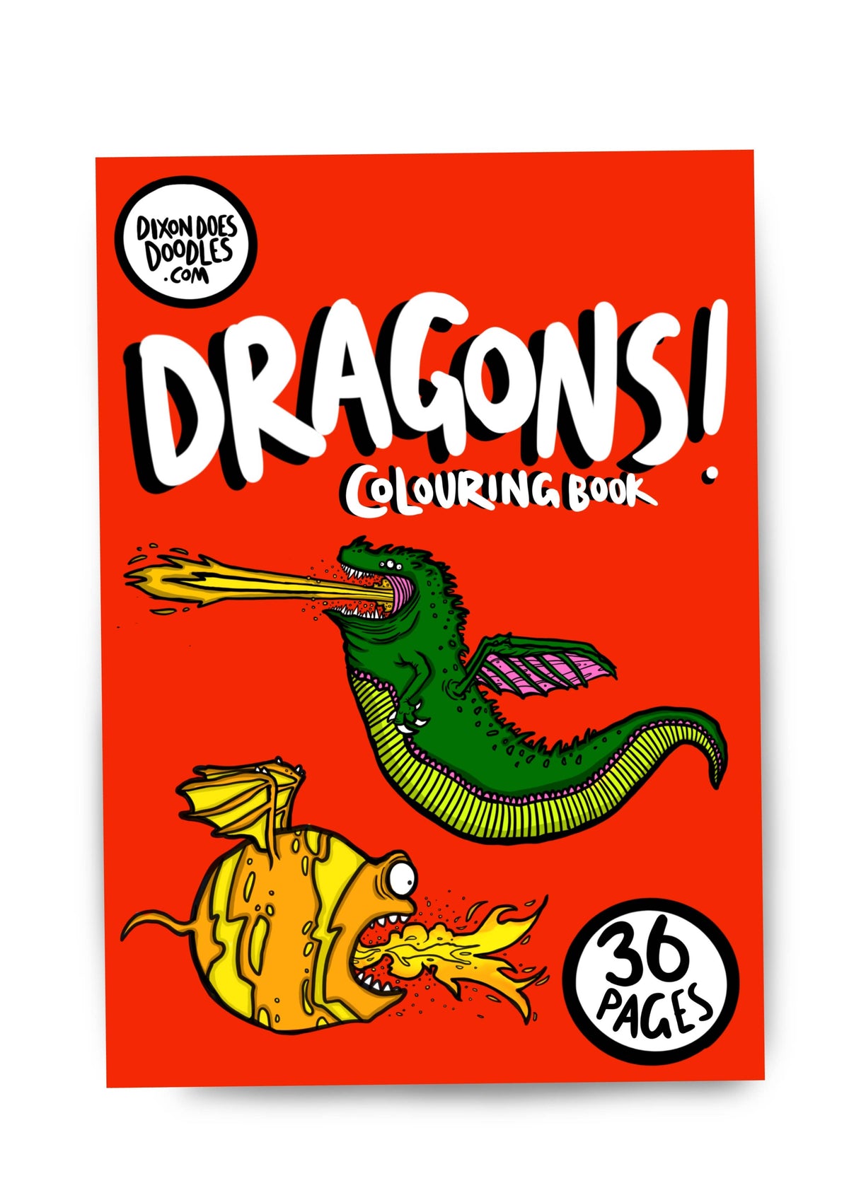 Front cover of Dragons! A5 Colouring Book showing playful dragon illustrations