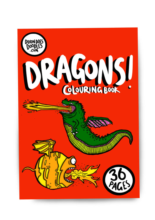 Front cover of Dragons! A5 Colouring Book showing playful dragon illustrations