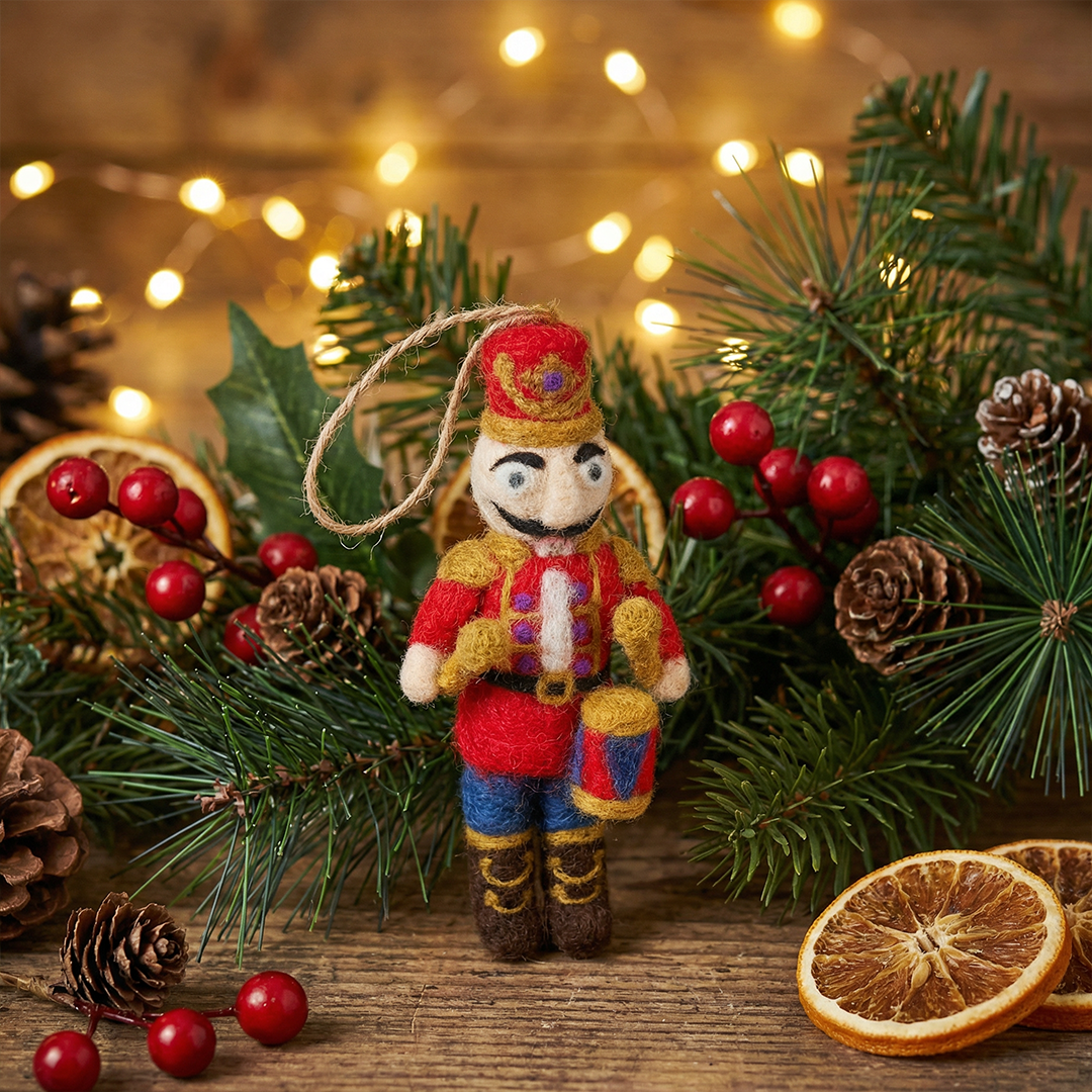 Close-up of needle felted and hand-stitched details on Nutcracker Ned