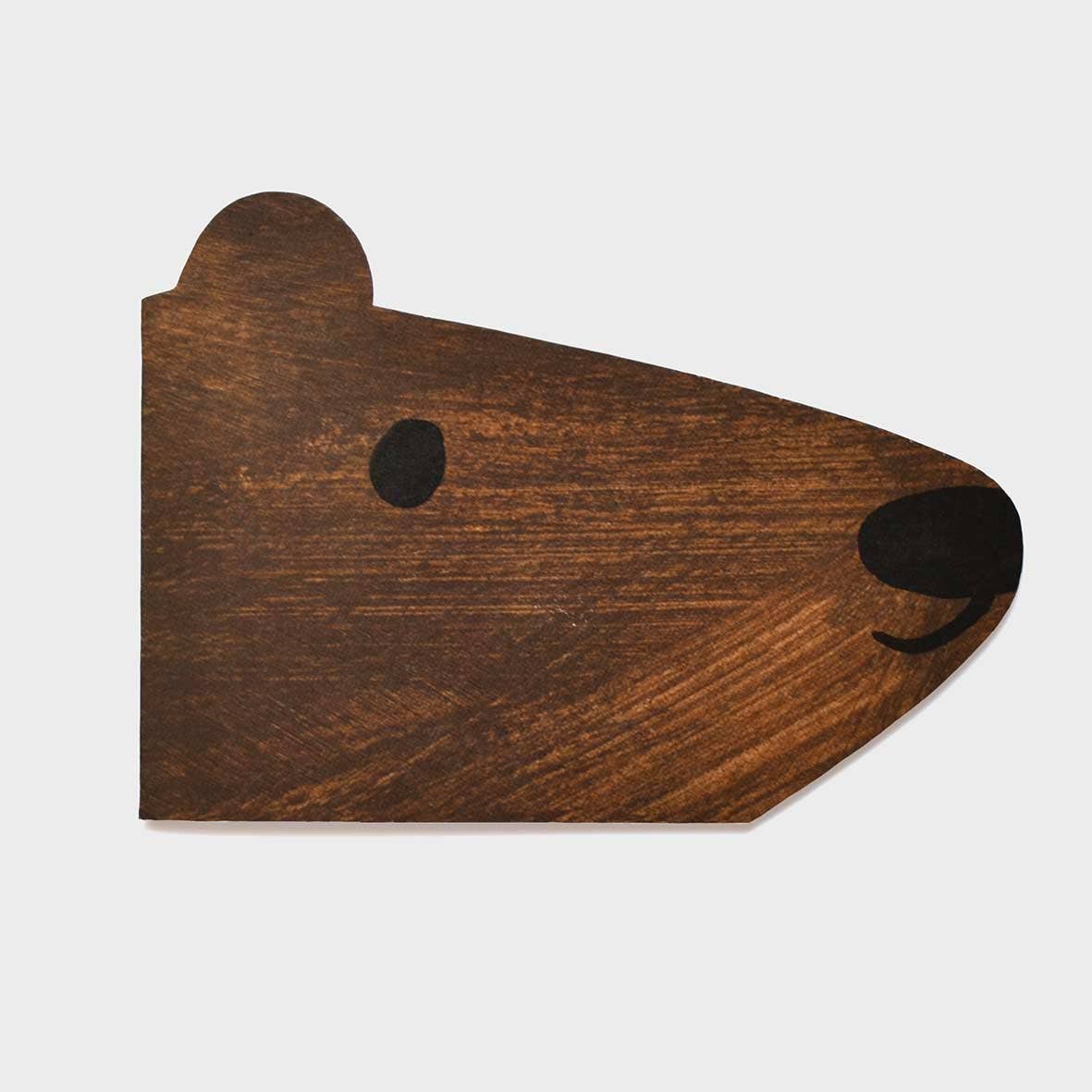 Cute brown bear shaped greeting card by Alice Lickens, front view