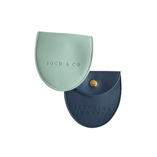 Spending Money embossed faux leather purse by Soch & Co. in mint and navy, compact, vegan, stylish summer and holiday accessory.