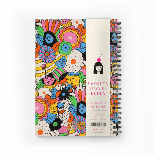 right and vibrant Mellow Petals A4 notebook featuring Carolyn Suzuki’s floral designs, spiral bound with soft-touch lamination and gold foil details.