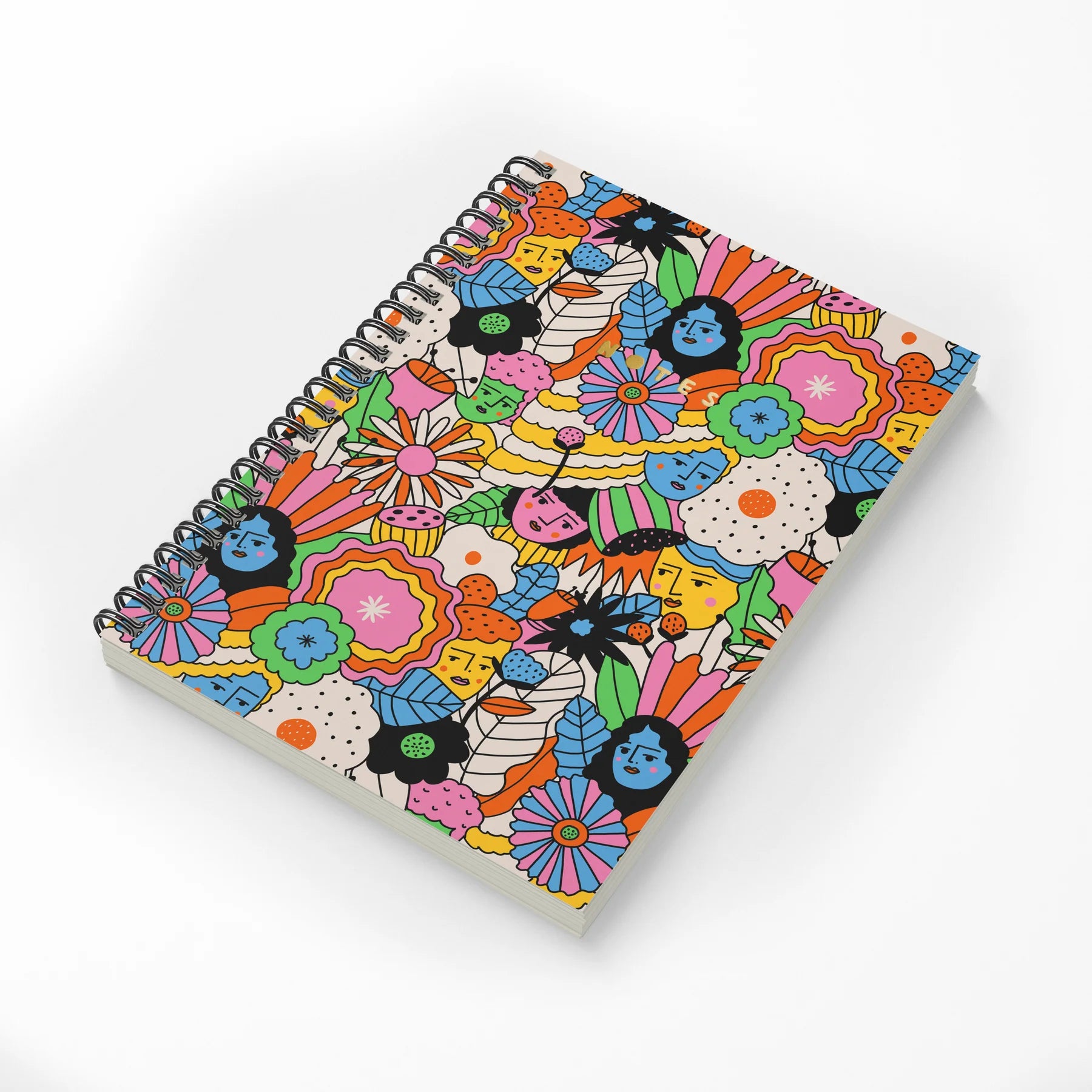 right and vibrant Mellow Petals A4 notebook featuring Carolyn Suzuki’s floral designs, spiral bound with soft-touch lamination and gold foil details.
