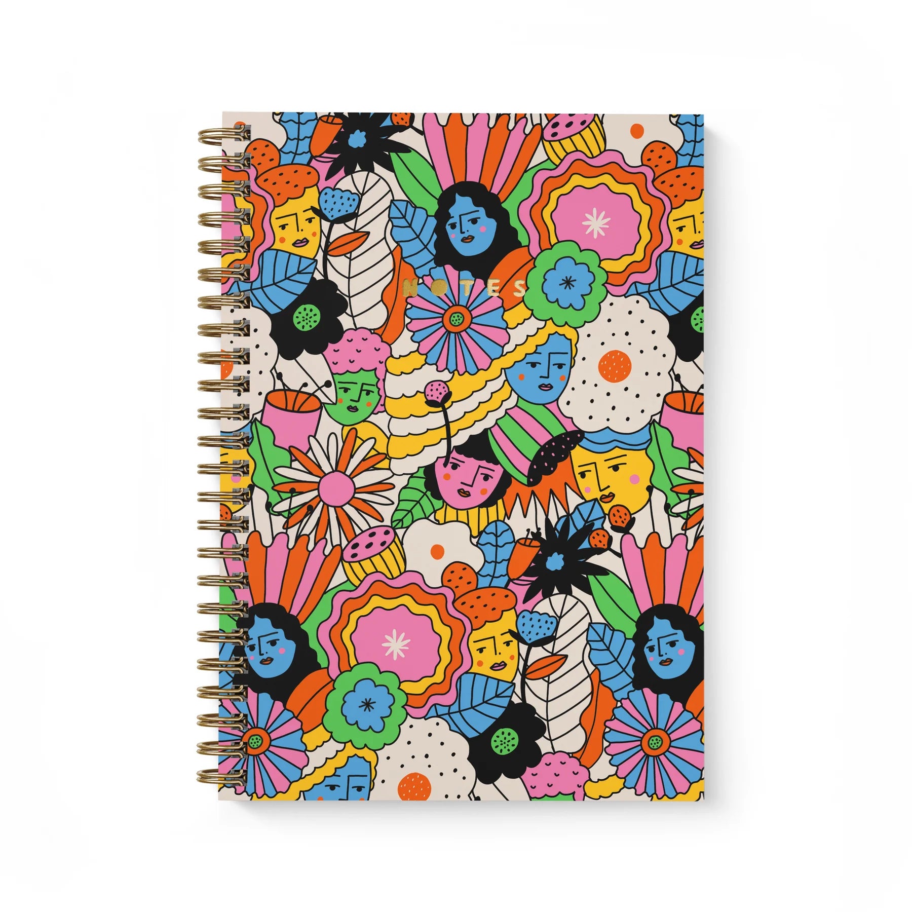 right and vibrant Mellow Petals A4 notebook featuring Carolyn Suzuki’s floral designs, spiral bound with soft-touch lamination and gold foil details.