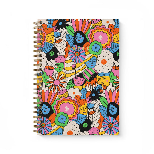 right and vibrant Mellow Petals A4 notebook featuring Carolyn Suzuki’s floral designs, spiral bound with soft-touch lamination and gold foil details.