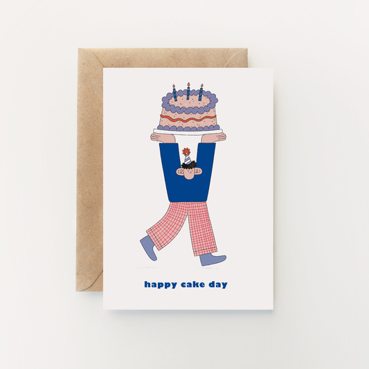 Happy Cake Day Card by Holly Fuller, colourful birthday illustration on sustainably sourced plastic-free 300gsm card with kraft envelope, UK made eco-friendly greeting card