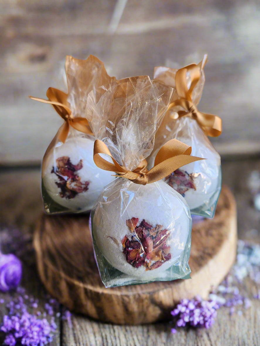 Lavender handmade bath bombs with rose petals.