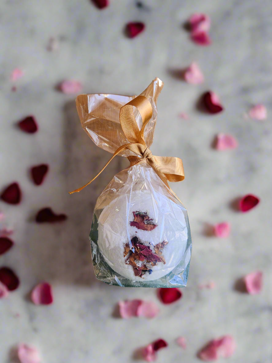 Handmade Lavender Bath Bombs with rose petals.