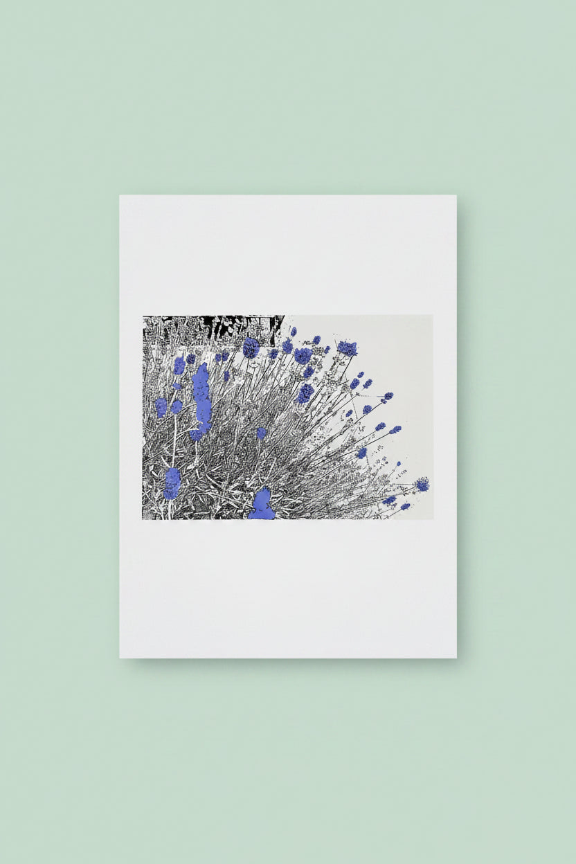 Lavender abstract greeting card with blue floral design by Kate Bowe