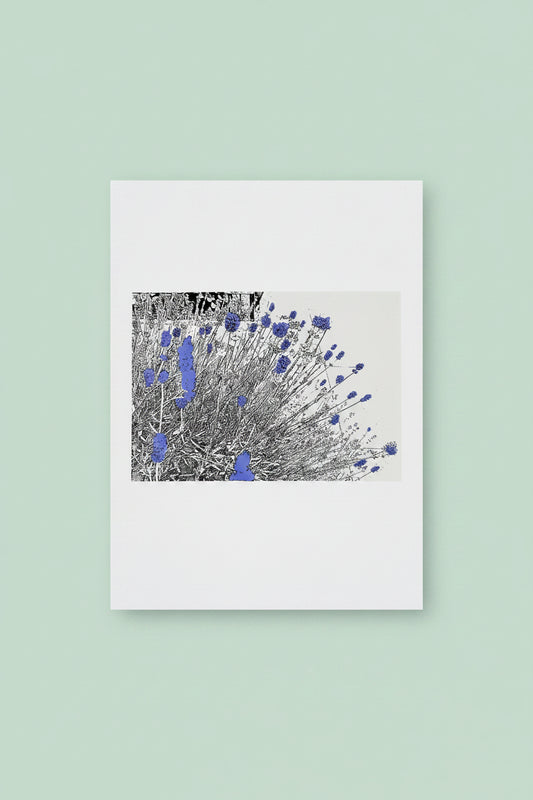 Lavender abstract greeting card with blue floral design by Kate Bowe