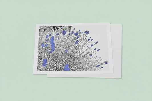 Lavender floral greeting card on a light green background