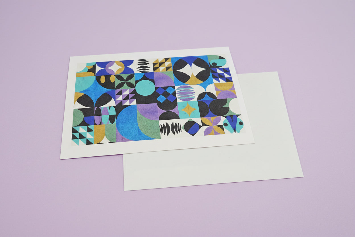 Abstract blue geometric greeting card with matching envelope