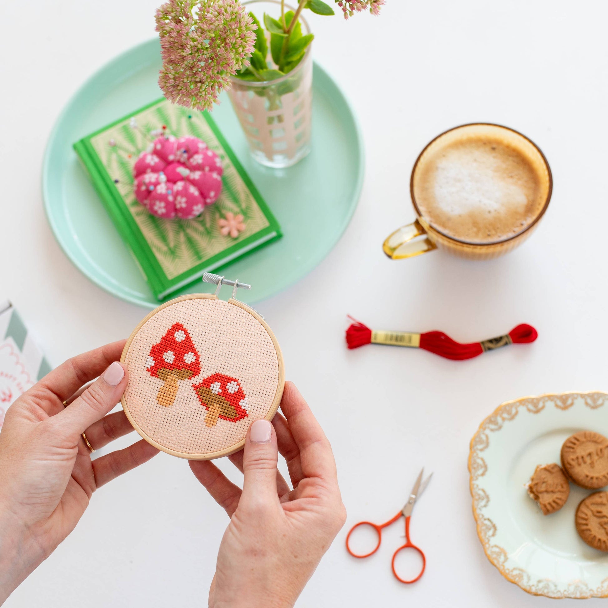 Eco-friendly packaging for Red Toadstool Cross Stitch Kit, plastic-free