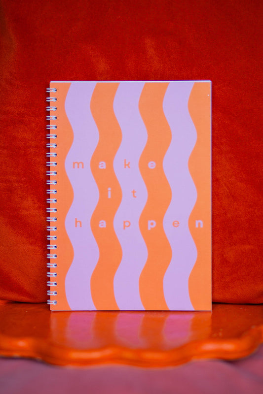 A5 wiro-bound notebook with vibrant pink and orange stripes