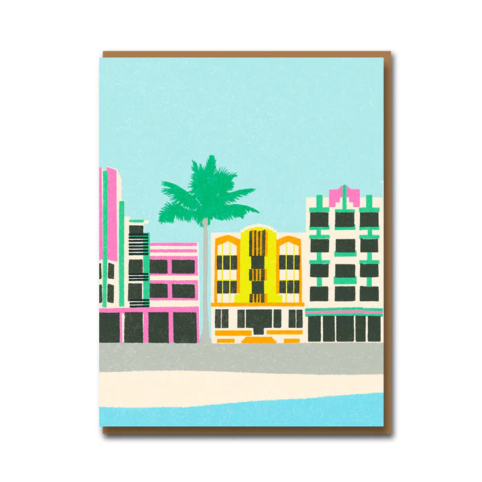 Miami Art Deco Greeting Card by Sukie showing colourful South Beach buildings