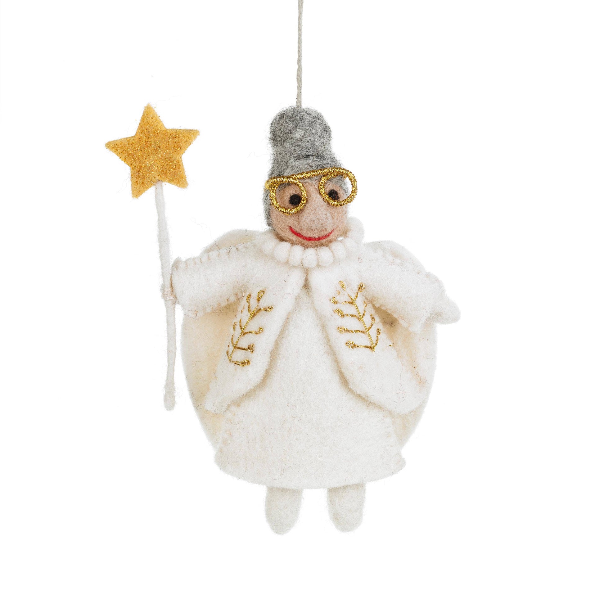 Handmade felt Faith the Fairy Godmother Christmas decoration by Felt So Good, sustainable wool with gold stitching, felt wings, and twinkly wand
