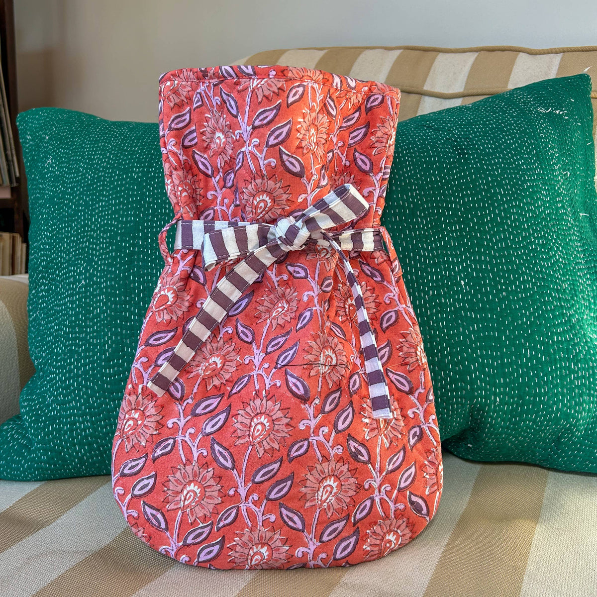 Coral and lilac hand block-printed cotton hot water bottle cover