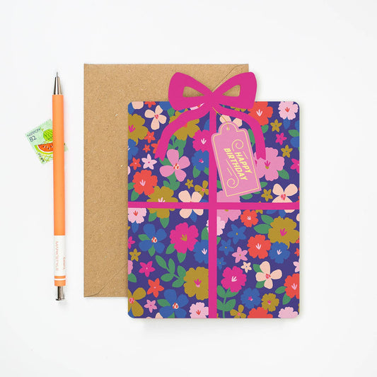 Mifkins Bloom & Bow present-shaped birthday card with pink bow and colourful flowers